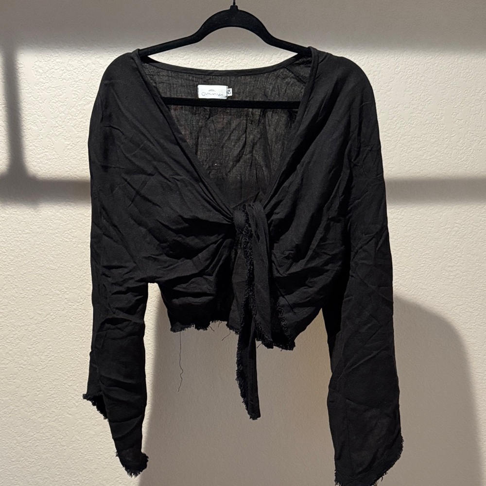 Black linen tie front top
